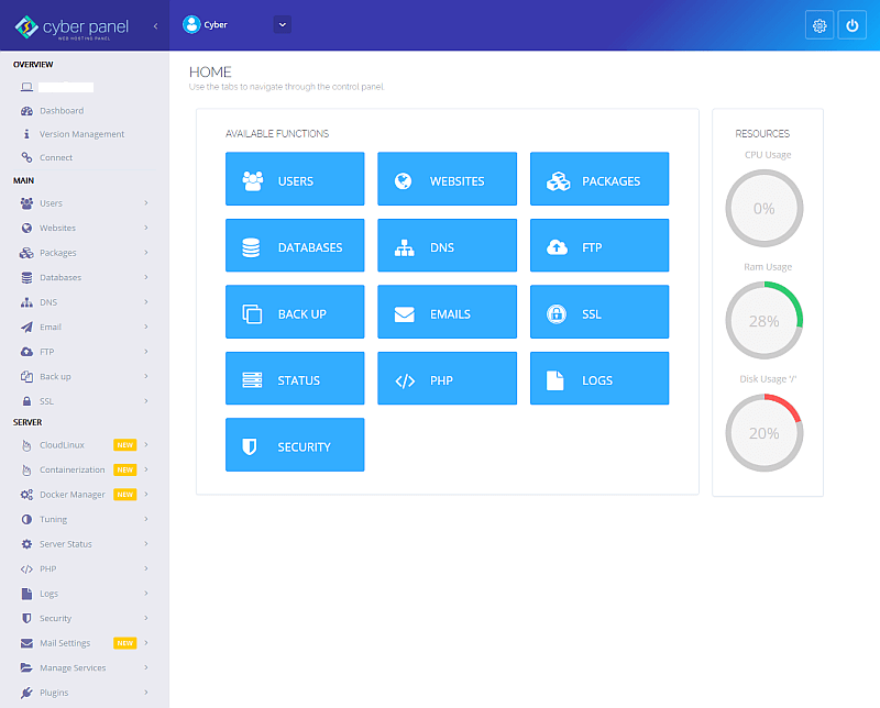 Screenshot of the CyberPanel dashboard, showcasing its user-friendly interface with easy navigation options for managing websites, databases, email accounts, and server settings