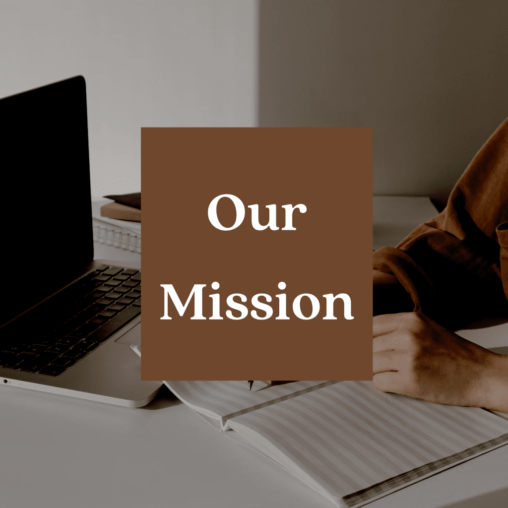 Text 'Our Mission' with a background of a person writing in a notebook, symbolizing the commitment to sharing knowledge and insightful content.