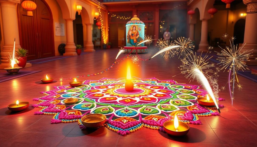 o create a Diwali blog image that showcases the festival's spirit, combine a vibrant rangoli with firecracker visuals. Design the rangoli using bright colors like pink, blue, orange, green, and yellow, incorporating traditional elements such as lotus flowers, peacocks, or diyas for cultural significance. Add texture and shading for a realistic touch, and place decorated diyas around the rangoli to enhance the lighting effect. Include firecrackers like sparklers, flowerpots, and rockets, using bright colors and sparkling effects to mimic their lighting and crackling. Position the firecrackers away from the rangoli to keep the visuals distinct. Use a festive backdrop, such as a traditional courtyard with patterned flooring, and warm tones to complement the colorful elements. Add floating lights or lanterns in the background for a more festive ambiance, capturing the essence of Diwali celebrations in one eye-catching image.