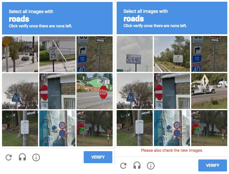 Various CAPTCHA puzzles requiring users to select images or solve tasks to prove they're not a robot.