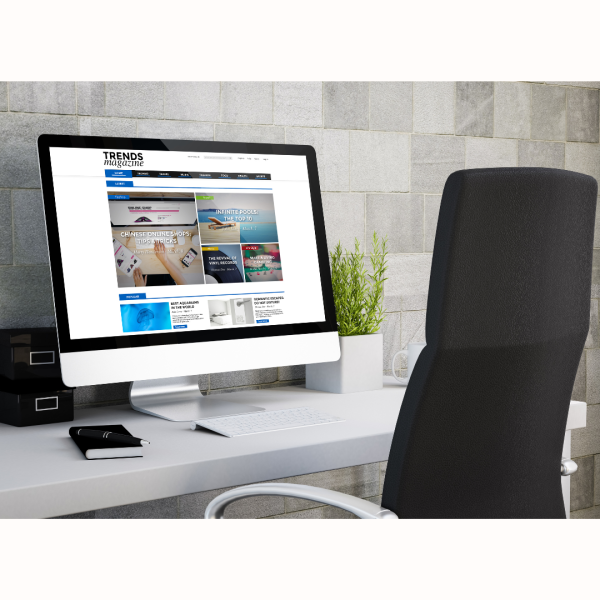 A illustation of A computer screen displaying a blog, set on a desk with a chair in front, inviting people to sit and read